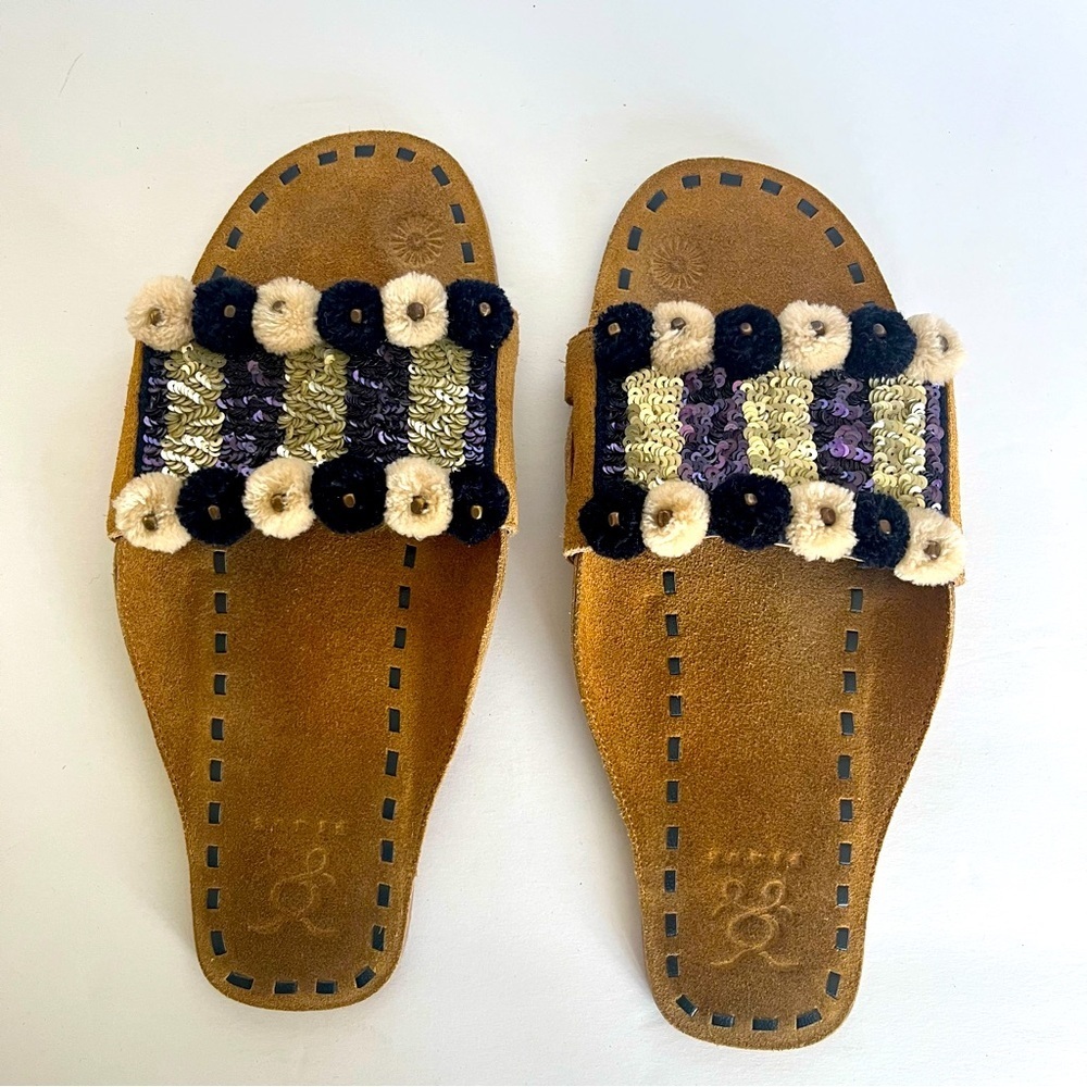Figue Slide Sandals Suede Pom Poms Sequins Italian Resort Boho Artsy Boho Beach